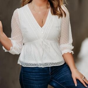 Japan White Swiss Dot V-Neck Peplum Blouse with Tie Size L